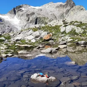 2 Spielfiguren stehen auf einem Stein in einem kleinen Gletscherbach