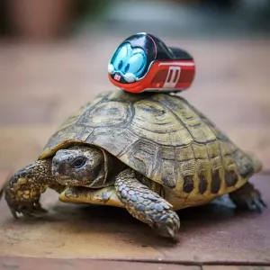 Figur Robbi Regio steht auf dem Rücken einer gehenden Landschildkröte.