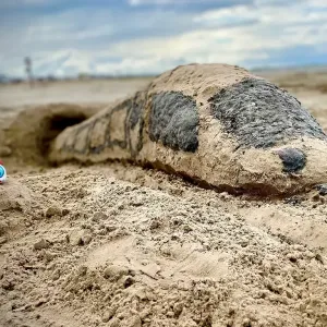 Figur Ida ICE steht neben einem aus Sand gebauten ICE.