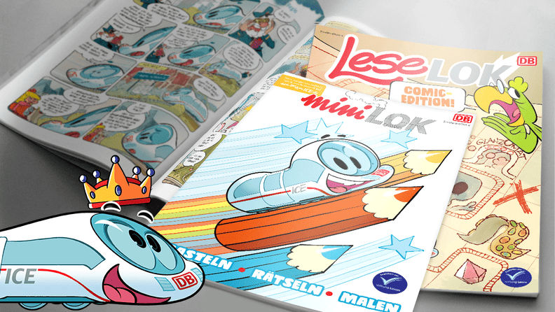 LeseLOK, MiniLOK Magazincover, am Bildrand Comicfigur der kleine ICE mit Krone