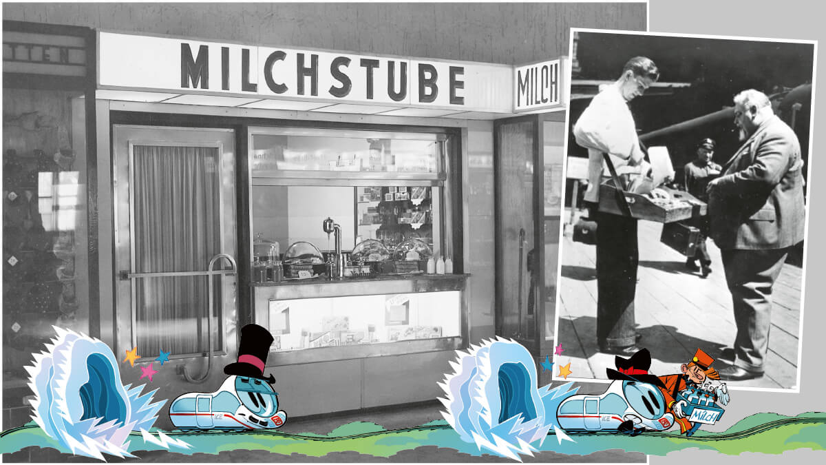 Milchstube im Anhalter Bahnhof in Berlin und Proviantverkäufer mit Bauchladen