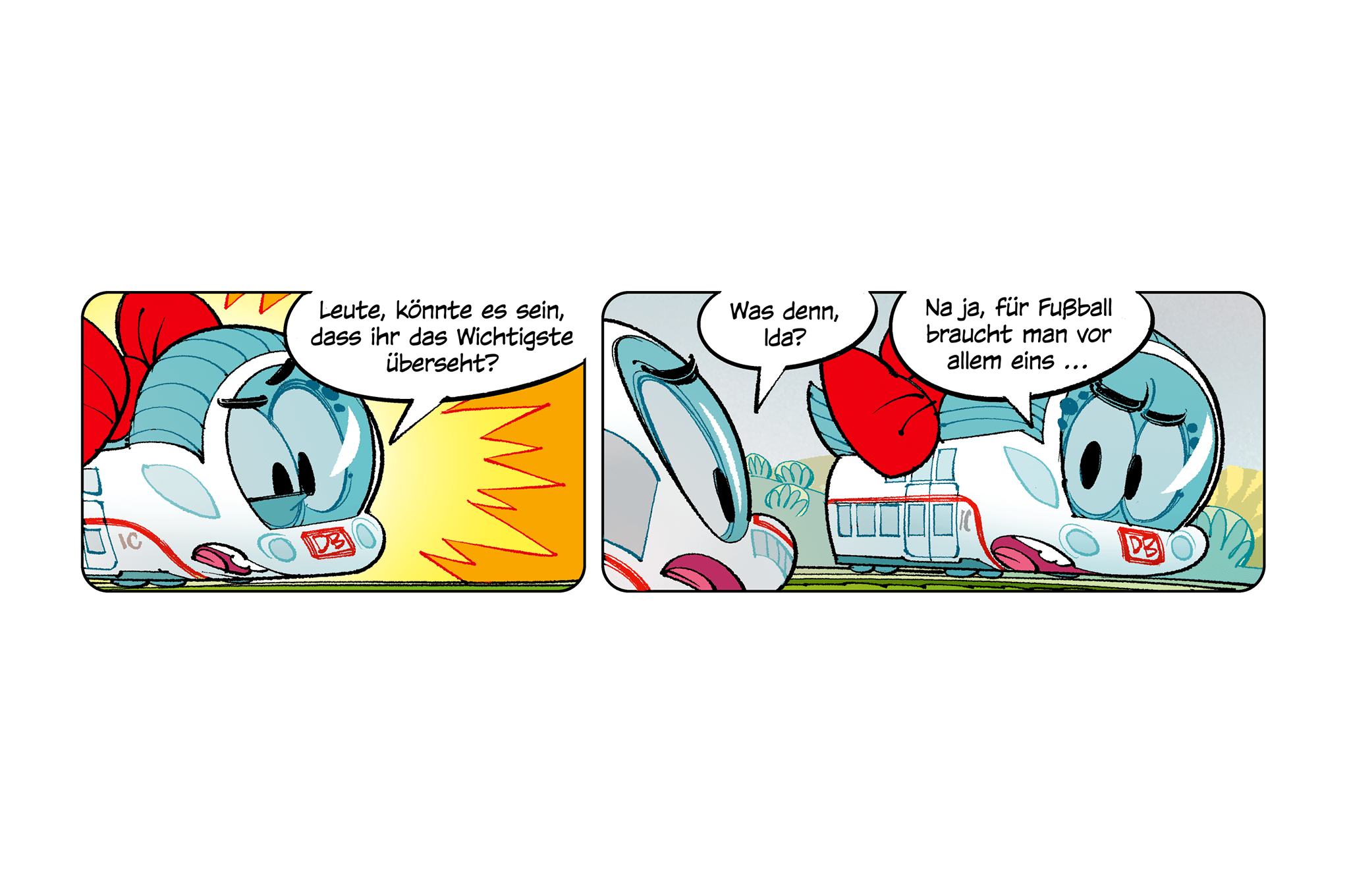 Comicfiguren Der kleine ICE und IDA wissen was am wichtigsten bei den Fußballregeln ist