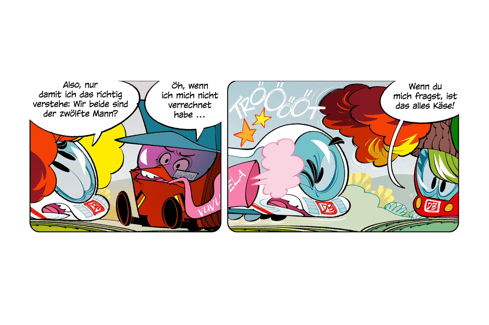 Comicfiguren Der kleine ICE, Günni und Sally streiten über die Fußballaufstellung