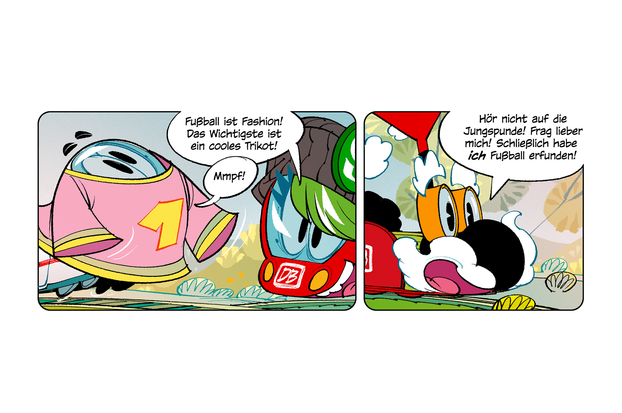 Comicfiguren Sally möchte ein cooles Fußballtrikot, Opa Adler kennt die Fußballgeschichte auswendig