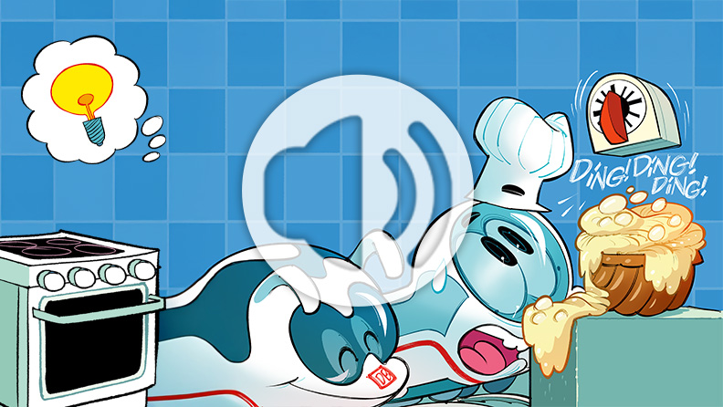 Comic-Zeichnung mit den Figuren „Der kleine ICE“ und „Benni Bus“ beim Kochen