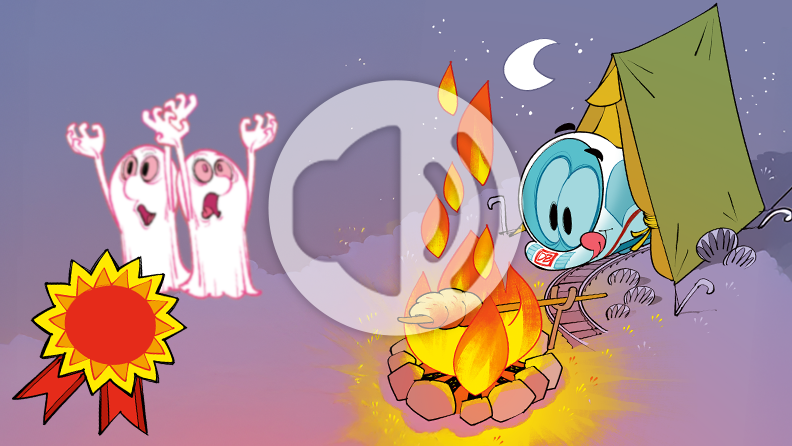 Comic-Zeichnung mit den Figuren „Der kleine ICE“ am Lagerfeuer, zwei Geister und im Vordergrund ein Abzeichen