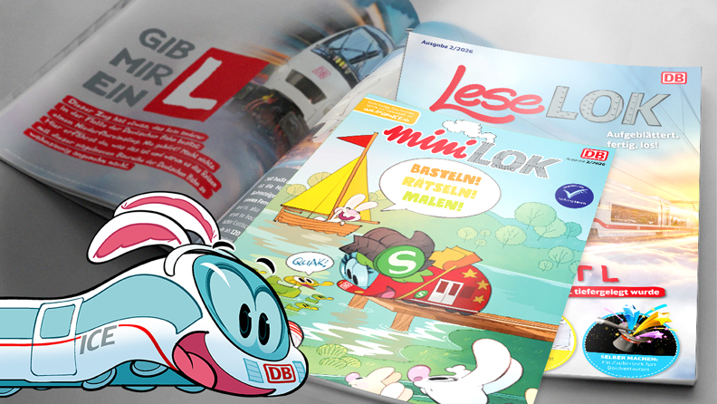 LeseLOK, MiniLOK Magazincover, am Bildrand Comicfigur der kleine ICE mit Hasenohren
