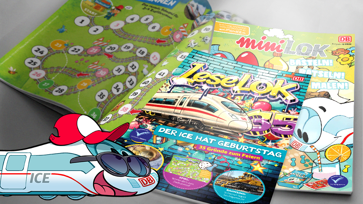 LeseLOK, MiniLOK Magazincover, am Bildrand Comicfigur der kleine ICE mit Krone