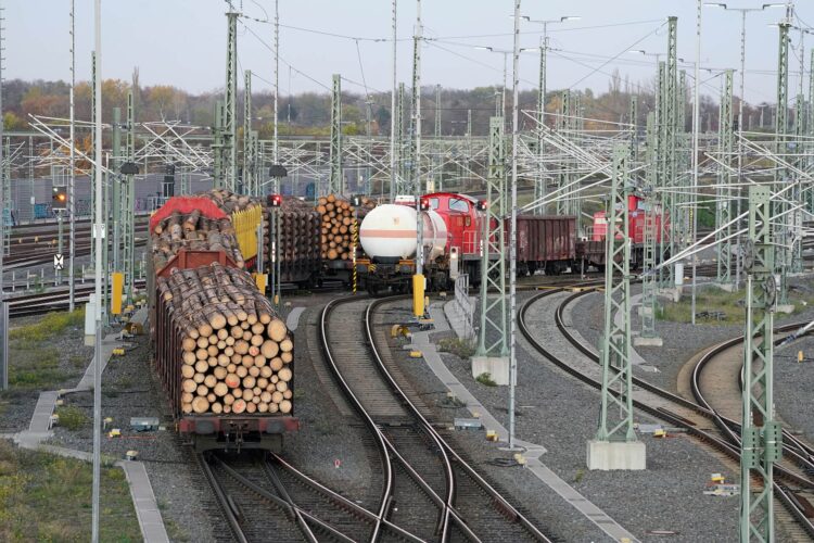 Wagenreihe am Rangierbahnhof, Wagen mit Holz beladen