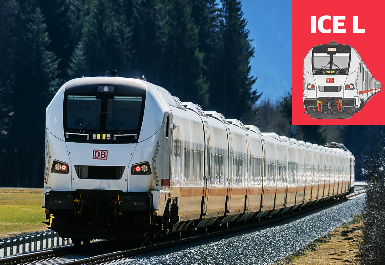 Der ICE L Zug in Rot und Weiß fährt über die Schienen.
