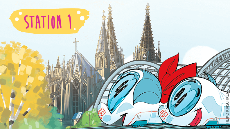 Station 1: Ida und der kleine ICE schauen sich den Kölner Dom an.