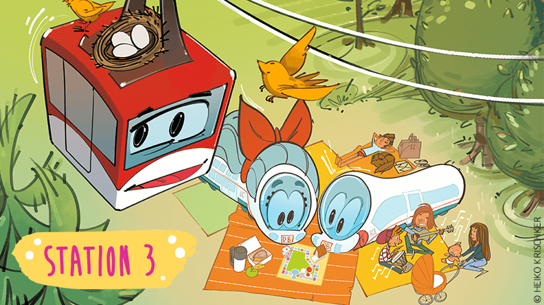 Station 3: Ida und der kleine ICE machen einen Picknick im Rheinpark. Über beiden fährt die Seilbahn durch de Park durch. An der Seilbahn gibt es ein Vogelnest mit Eiern darin.