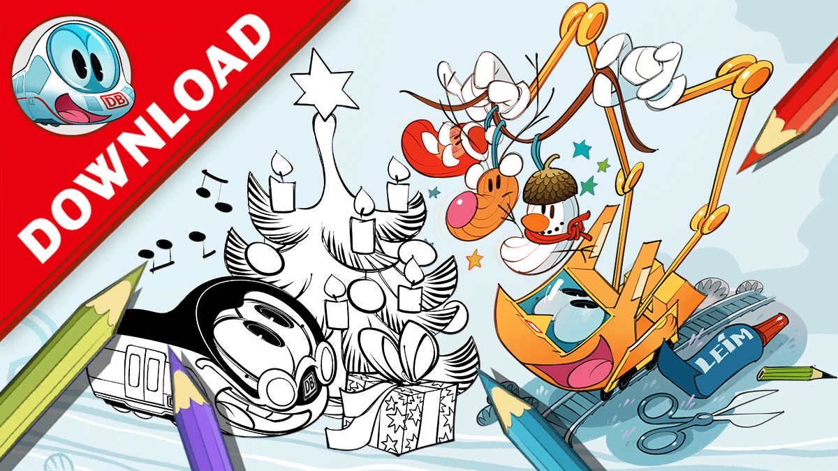 Illustration von Simsala SUM und Robbi Regio teilweise umausgemalt und Buntstiften. Oben links eine rote Ecke mit der kleine ICE und Downloadhinweis