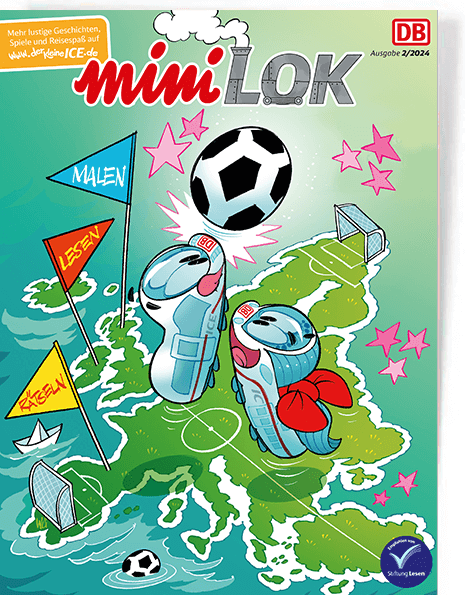 Cover miniLOK 2-2024, der kleine ICE und Ida IC spielen Fußball
