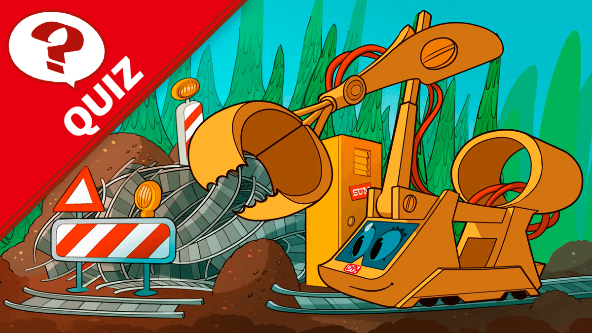 Comicfigur: SUM - Ein orangefarbener Bagger hält eine Bahnschiene. Daneben stehen Baustellenschilder.