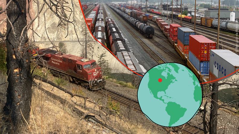 Güterzug der Canadian Pacific fährt durch trockenes Gelände; daneben großes Rangierfeld und eine Weltkarte.
