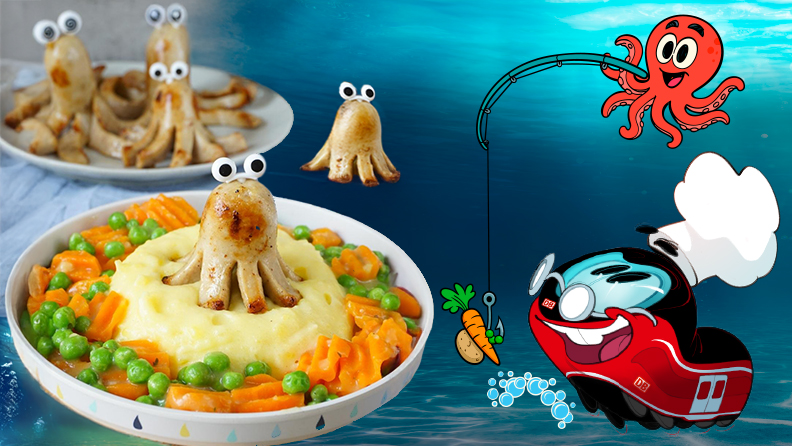 Unterwasser‑Szene mit Krake, daneben ein Kindergericht aus Kartoffelpüree, Gemüse und Wurst‑Oktopussen mit Wackelaugen. Am Rand steht die Comicfigur Robbi Regio.