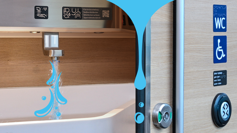 Waschbecken mit Wasserhahn und WC-Tür im ICE