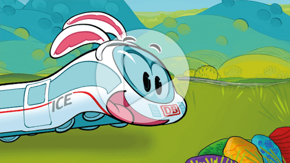 Ein lustiger Cartoon-Zug mit einem niedlichen Hasen, der kleine Ice Ostern.