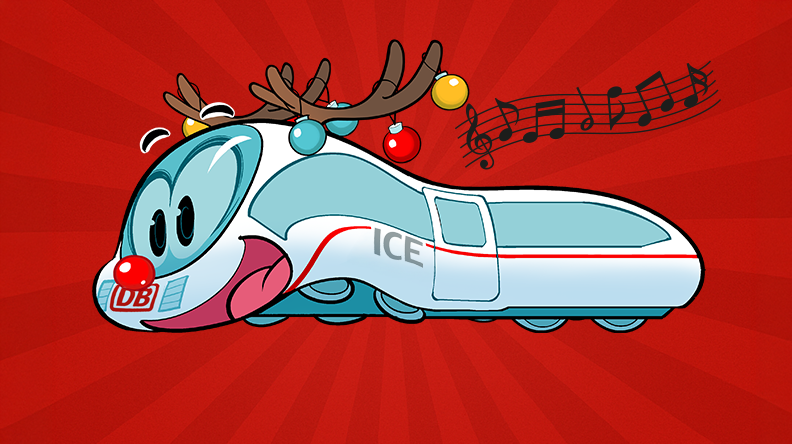 Comicfigur von kleinem ICE mit weihnachtlichen Rentiergeweih