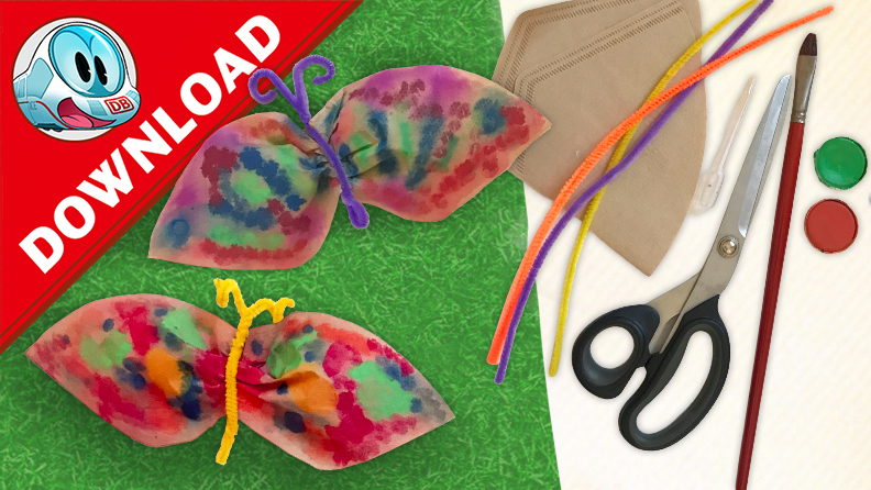 Zwei bunte Schmetterlinge aus bemalten Kaffeefiltern. Daneben liegen Kaffeefilter, bunte Pfeifenreiniger, Schere, Pinsel und Farbtöpfchen. Störerecke: Download