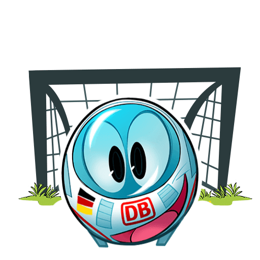 Animierter Sticker, der den kleinen ICE vor einem Fußballtor zeigt.