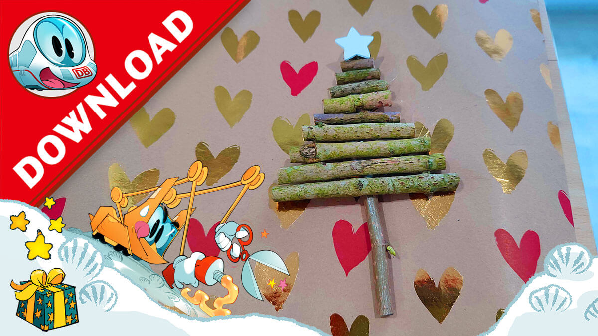 Abbildung eines gebastelten Weihnachtsbaums aus Stöcken. Umrahmt von winterlicher Illustration und Downloadhinweis