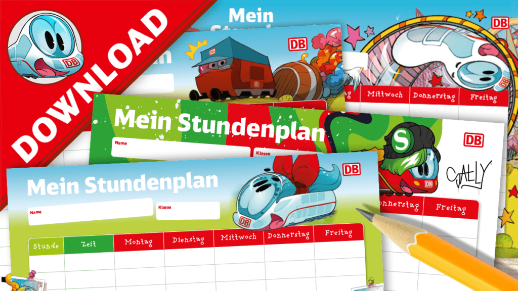 Abbildung verschiedener Stundenplanmotive mit Sally S-Bahn und Ida IC und oben links eine rote Ecke mit der kleine ICE und Downloadhinweis