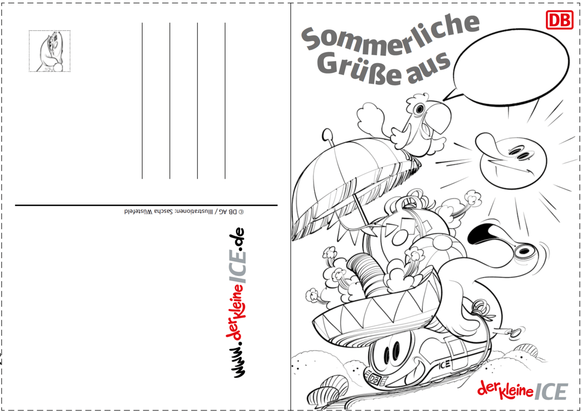 Postkarte mit dem schwer mit Strandaccessoires beladenen kleinen ICE