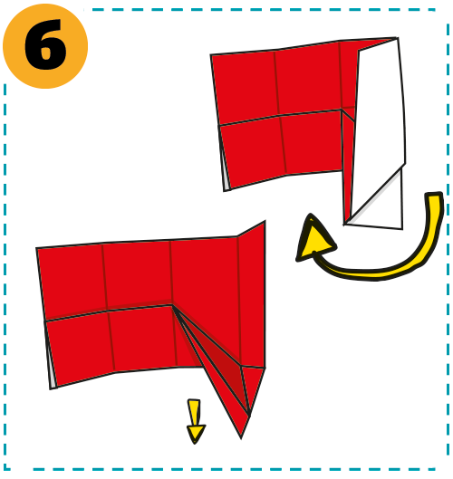 6. Falte unten rechts die Papierhälfte zur Mittellinie. Klappe auch den kleinen überstehenden Teil zur Mitte. Unten rechts schaut ein Dreieck heraus.