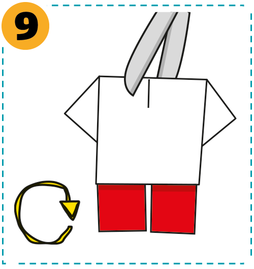 9. Drehe alles um. Schneide oben in der Mitte etwa 1 cm ein. Klappe die beiden Schnittseiten nach außen.