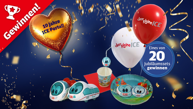 Gewinnerpaket bestehend aus Partyset, Figuren Kleiner ICE und Ida IC, am Rand ein Störer Gewinnspiel