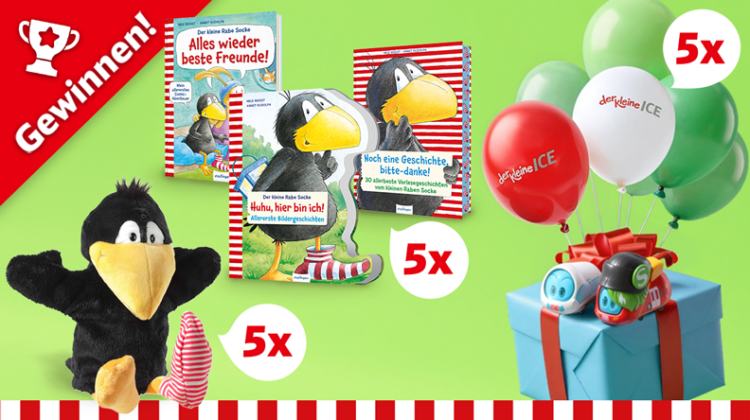 Bücher-Gewinnpaket, Plüsch: der kleine Rabe Socke und Überraschungspaket mir Figuren Sally-S-bahn und der kleine ICE