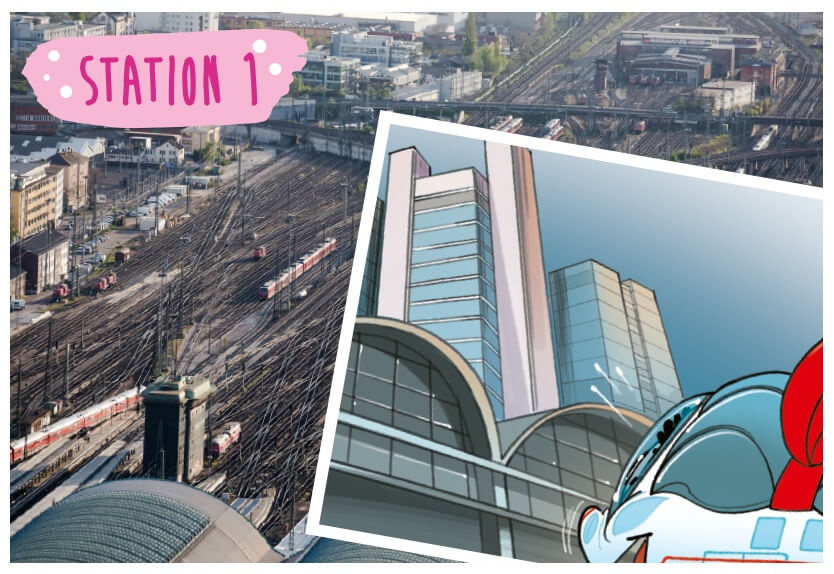 Station 1: Ida schaut auf die Skyline Frankfurts. Frankfurter Hauptbahnhof ist im Hintergrund.