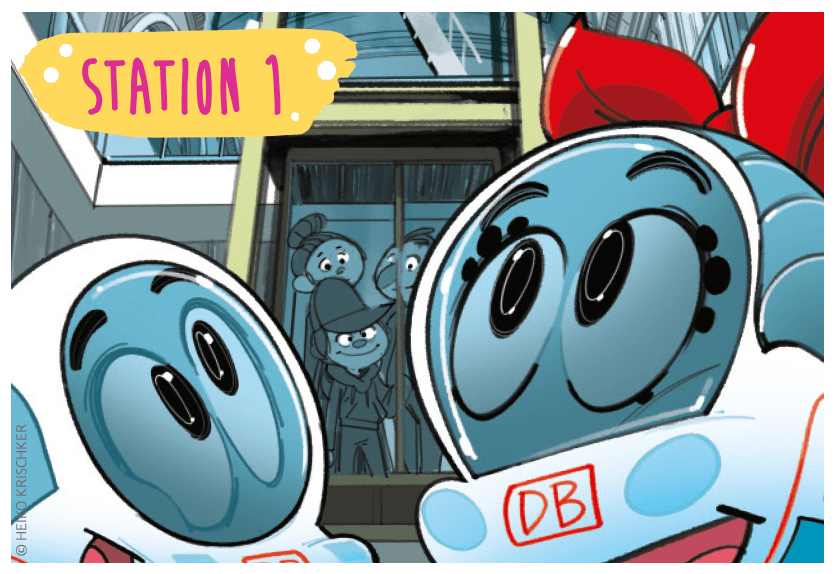 Station 1: Ida und der kleine ICE schauen sich den Leipziger Hauptbahnhof an.