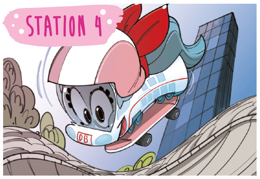 Station 4: Ida spielt mit einem Skateboard im Skatepark.