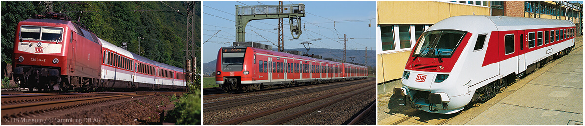 Neues Farbkonzept: die Nahverkehrszüge - verkehrsrot mit weißen Türen, die InterCity-Züge - verkehrsrotes Fensterband, die ICE-Züge -verkehrsroter Streifen