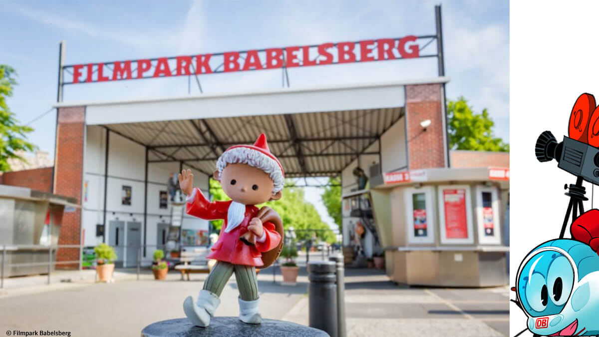 Filmpark Babelsberg (Brandenburg): Sandmännchen-Statue begrüßt Besucher am Eingang