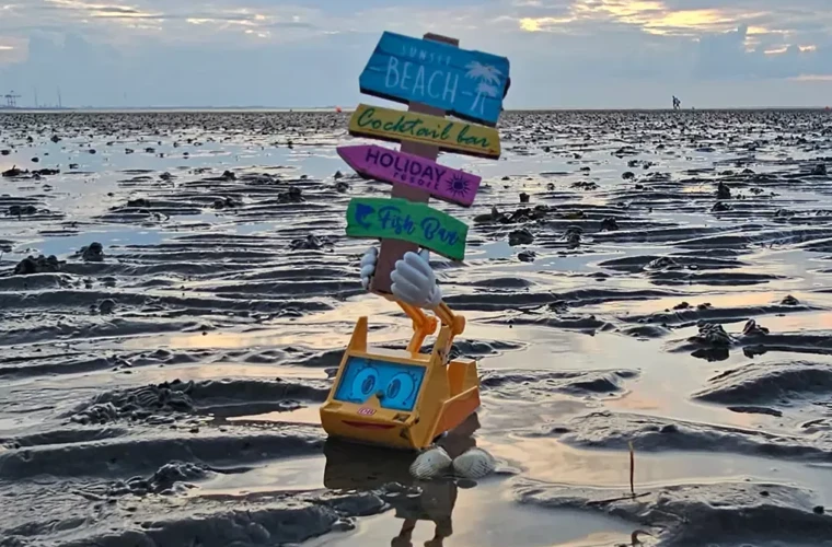 Figur Simsala SUM steht im Meer und hält ein Schild mit Richtungspfeilen