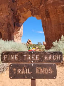 Spielfigur Sally S-Bahn steht auf einem Hinweisschild vor einem Wanderweg in Utah, USA.