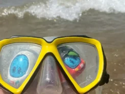 Figuren der kleine ICE und Sally S-Bahn stehen am Meer in einer Traucherbrille.