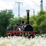 Die erste Dampflok in Deutschland, genannt der „Adler“. © DB Museum/Steffen Kirschner Die schwarz-rote, historische Lokomotive auf einer Fahrt durch die grüne Landschaft