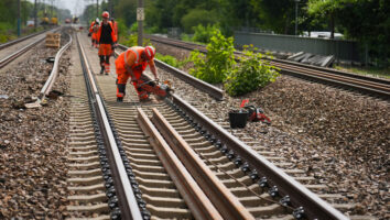 Gleisbauer passt die Länge einer Schiene an. Gleisbauer passt die Länge einer Schiene an.