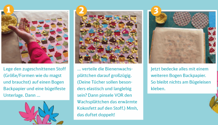 Bastelanleitung Bild 1 von 3 Bienenwachstuch, dei Arbeitsschritte