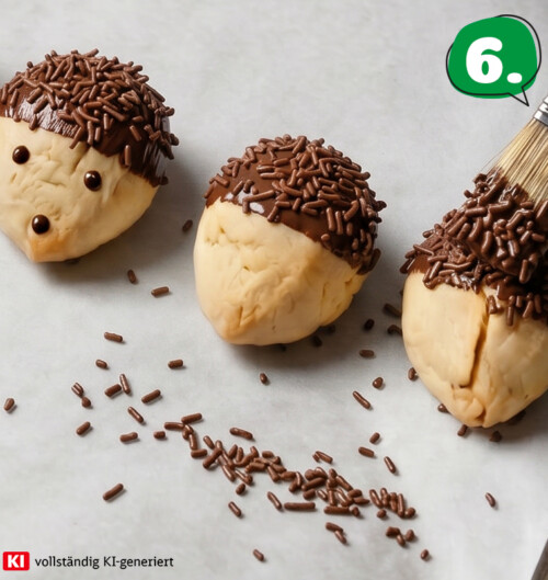 KI-generiert Ein Igel-Keks in Nahaufnahme. Auf seinem Schokoladenrücken stecken Schokostreusel als Stacheln.