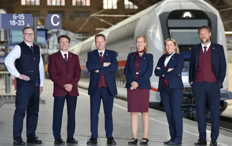 Eine Gruppe von Bahnmitarbeiter in Unternehmenskleidung
