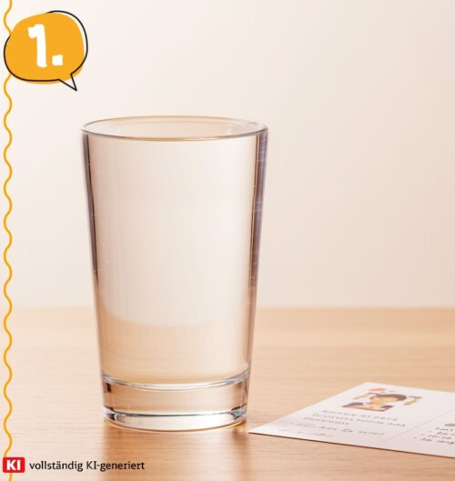 Ein bis zum Rand gefülltes Glas Wasser steht auf dem Tisch, daneben liegt die Postkarte