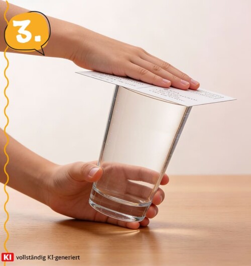 Eine Hand hält die Karte auf dem Glas fest, während die andere Hand das Glas kopfüber dreht