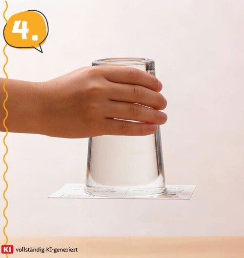 Das umgedrehte Glas steht kopfüber auf der Karte, eine Hand hält es fest, das Wasser bleibt im Glas