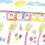 Lea, 6 Jahre Eine Bahn, die über den Bäumen und Häusern fährt, sodass unten, auf dem boden, die Natur Platz hat.